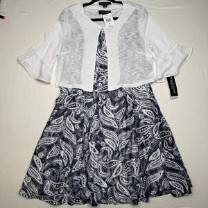 NWT Perceptions Women's Sleeveless Paisley Navy Dress White Flowy Sleeve Jacket